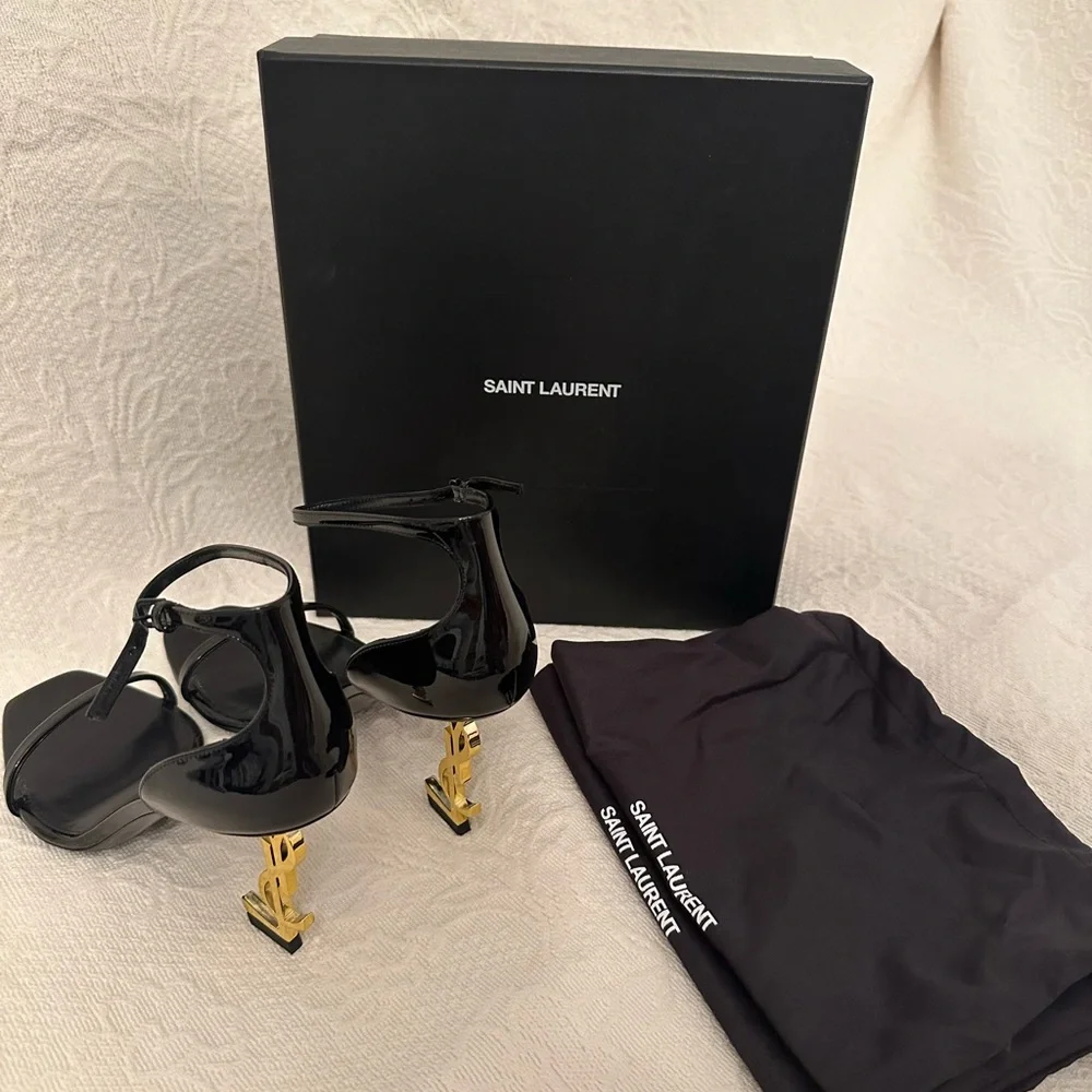 Saint Laurent Black Leather Sandal with Gold YSL Sculptural Heel - Picture 4 of 11